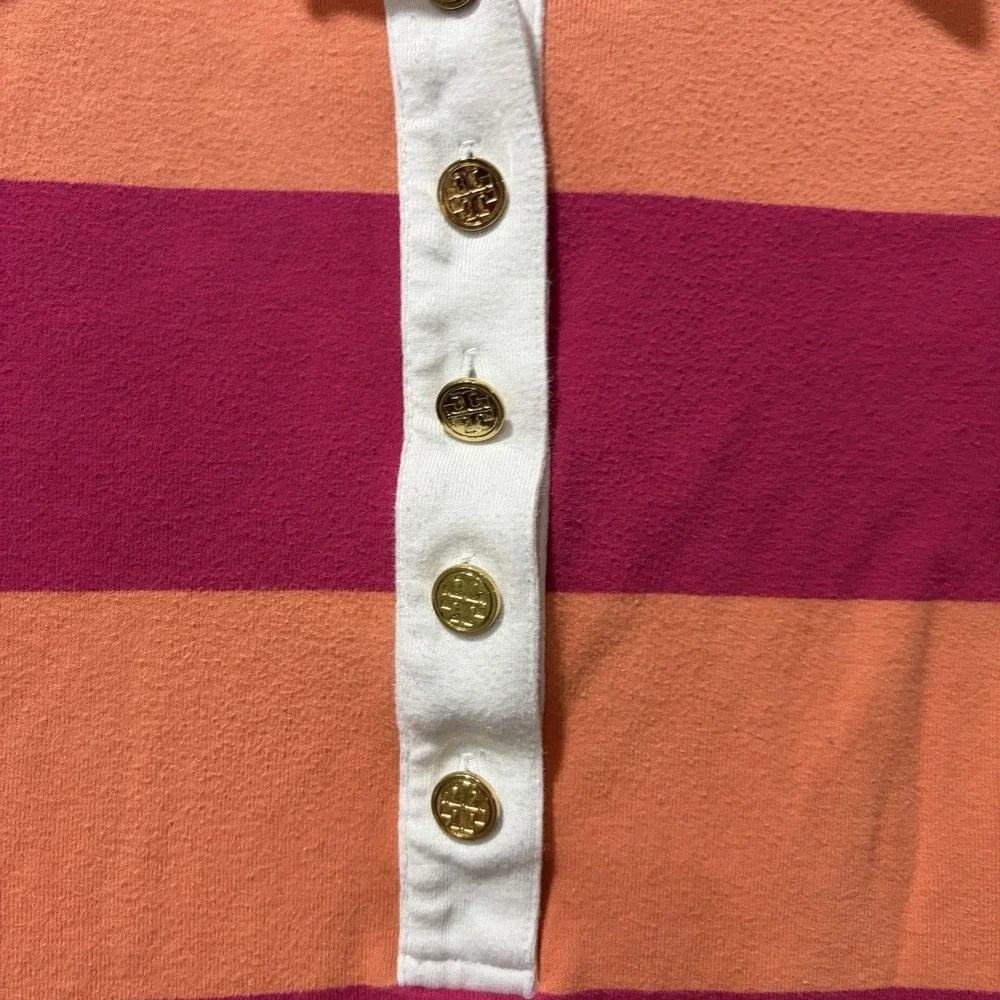 Tory Burch pink and Orange striped‎ polo tee Small Gold Buttons Cotton Preppy